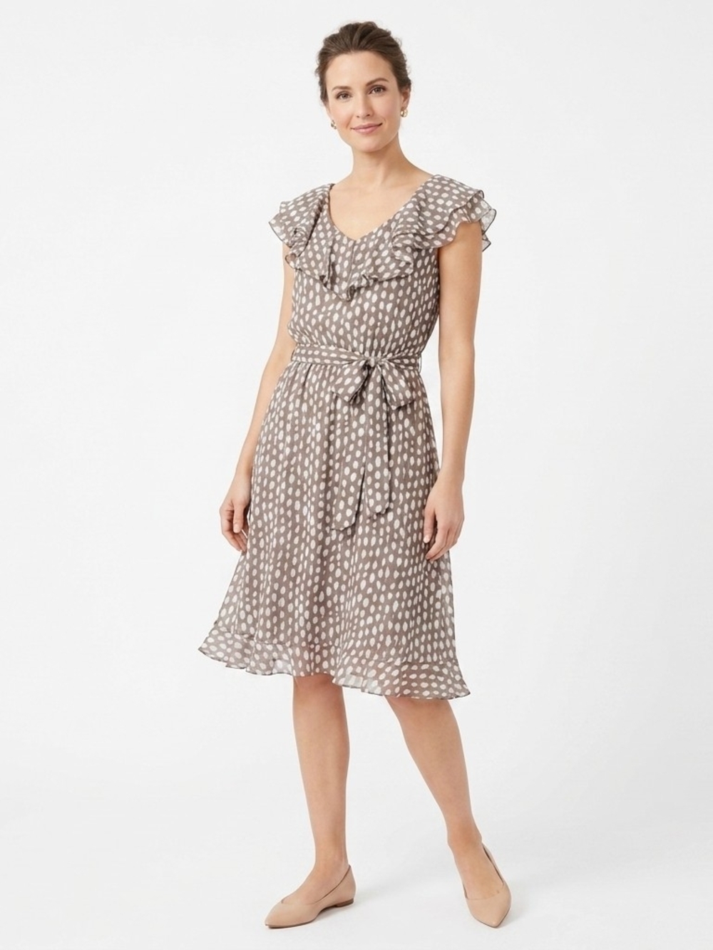 JBS Brown & White Spotted Print Ruffle V-Neck Midi Dress with Tie Waist Size 12